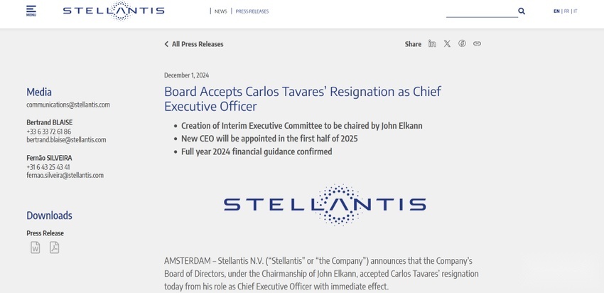 唐唯实：因与Stellantis董事会战略不一致而离职